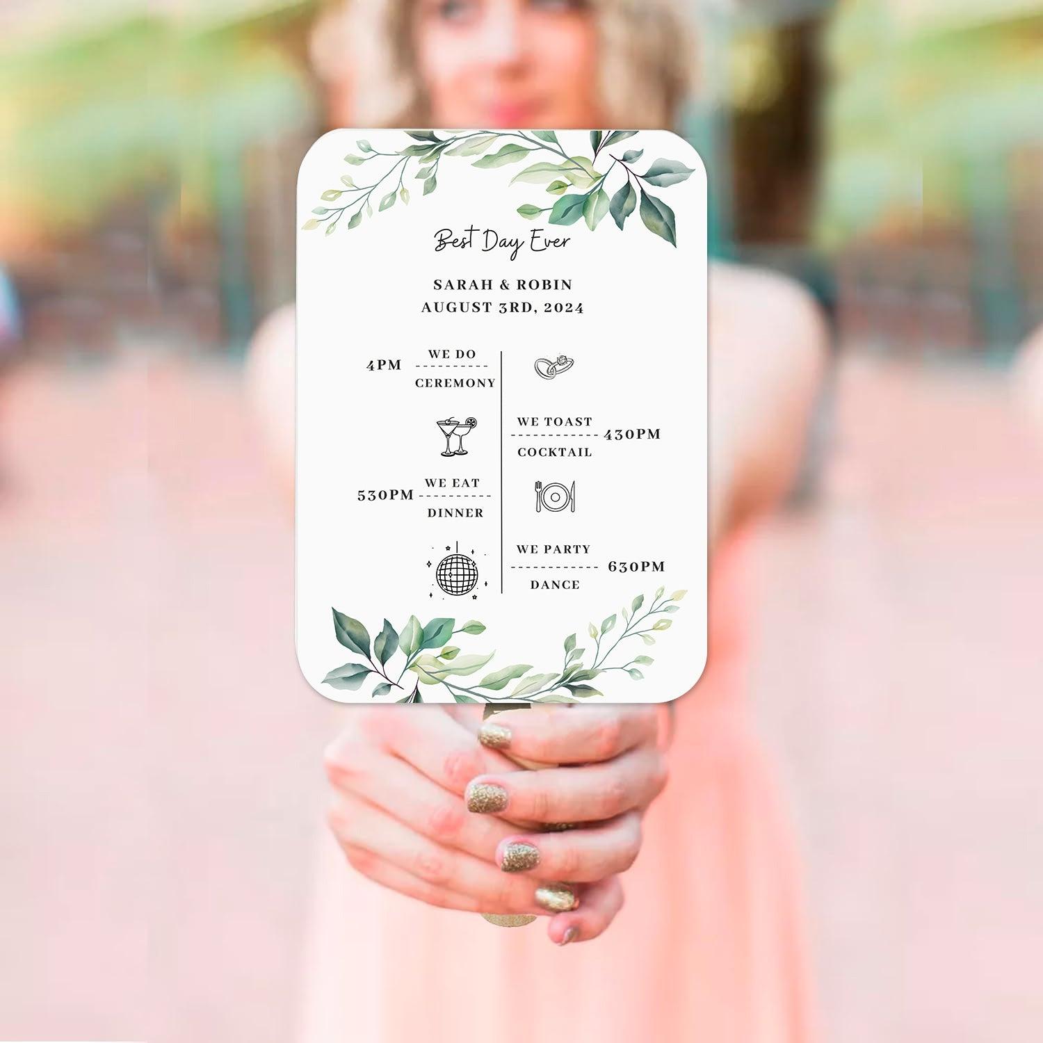 Timeless White Wedding Porgram Fans with Greenery Details - Hibrides