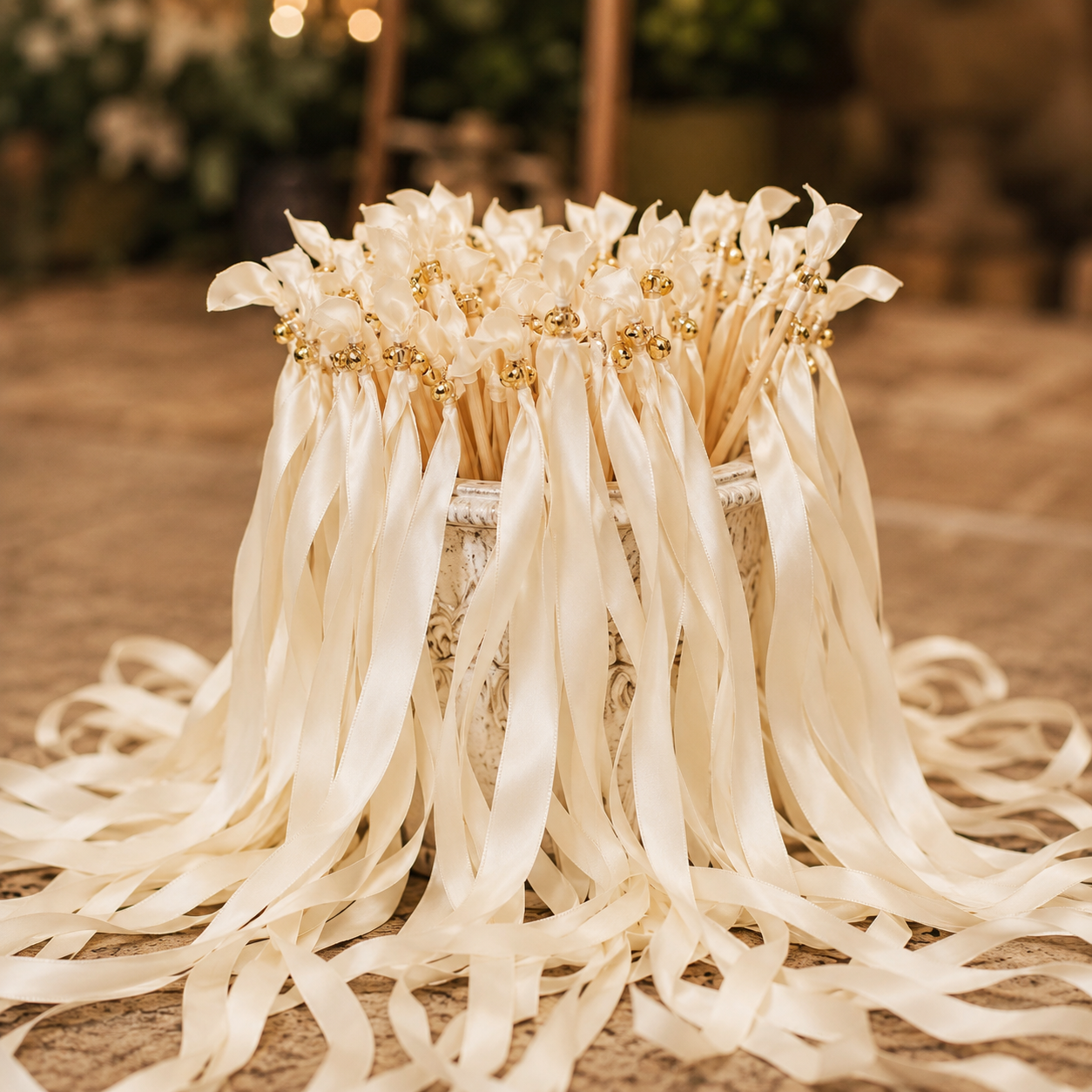 Handmade Luxury Cream Satin Ribbon Wands with Gold Bells for Wedding Send-Off