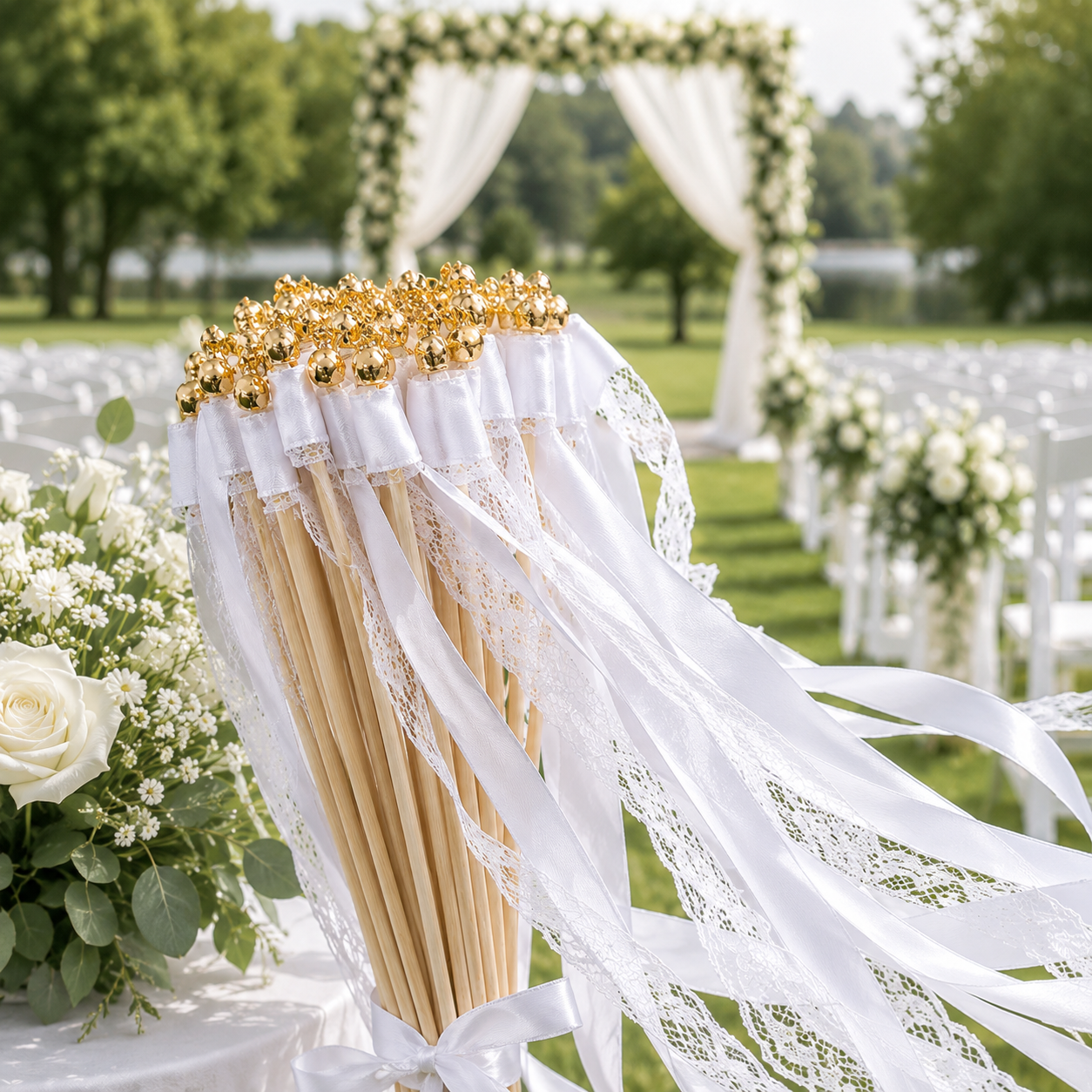 Handmade White Lace Ribbon Wands with Gold Bells for Outdoor Wedding Send-Off