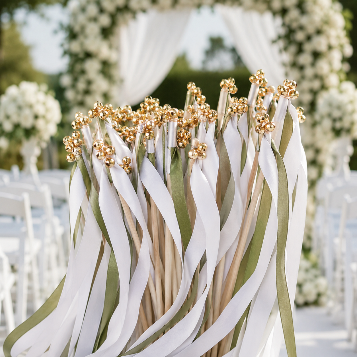 Handmade Elegant White and Olive Green Wedding Ribbon Wands with Gold Bells