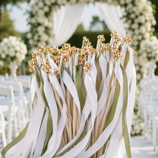 Handmade Elegant White and Olive Green Wedding Ribbon Wands with Gold Bells