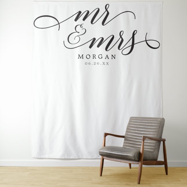 Classic Script Mr & Mrs Wedding Backdrop Banner, Modern Minimalist Backdrop Tapestry Outdoor Wedding