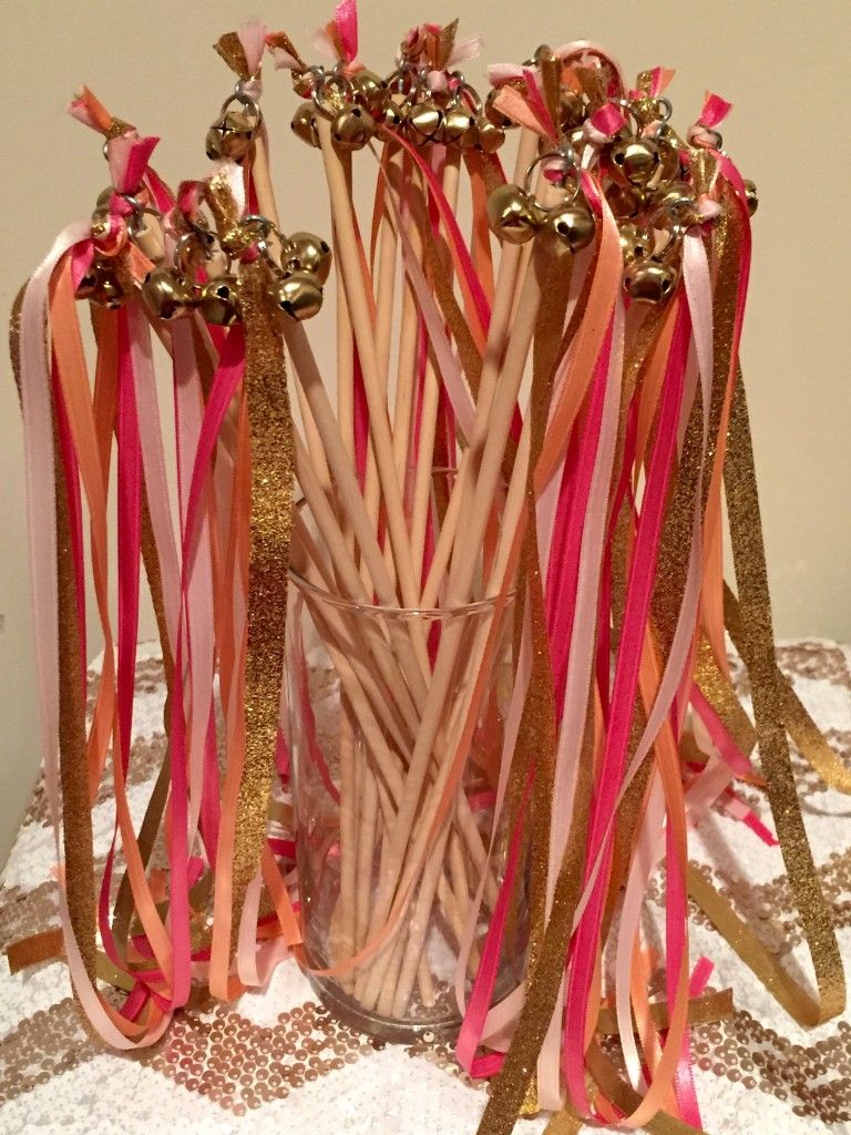 Handmade Sparkling Rose Gold Ribbon Wands with Bells for Wedding & Party Send-Off