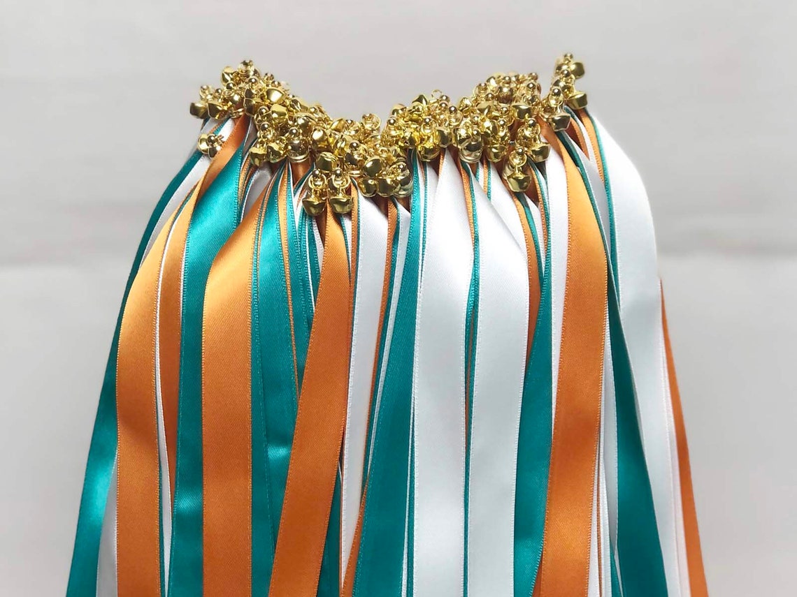 Handmade Elegant Teal Orange and White Wedding Ribbon Wands with Gold Bells