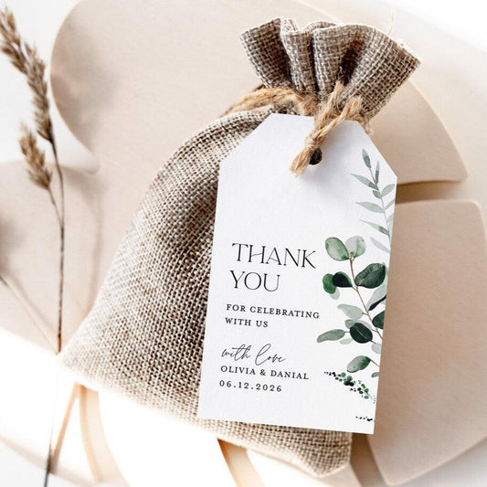 Personalized Burlap Wedding Gift/Favor Bags with Sage Green Favor Tags