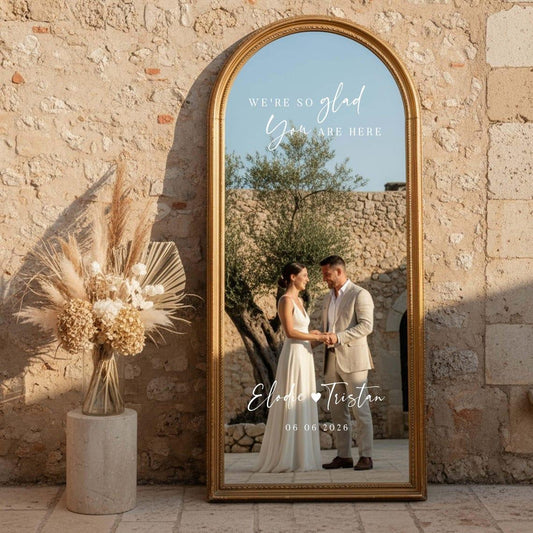 Custom Mirror Stickers Wedding Sign Decal Decor / We're so glad you are here Wedding Signage Mirror Stickers Welcome To The Wedding / Custom Mirror Letter Stickers