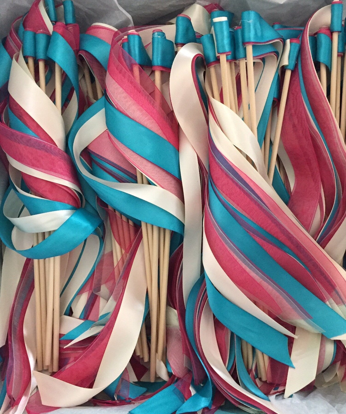 Handmade Blush Pink Blue and Ivory Wedding Ribbon Wands