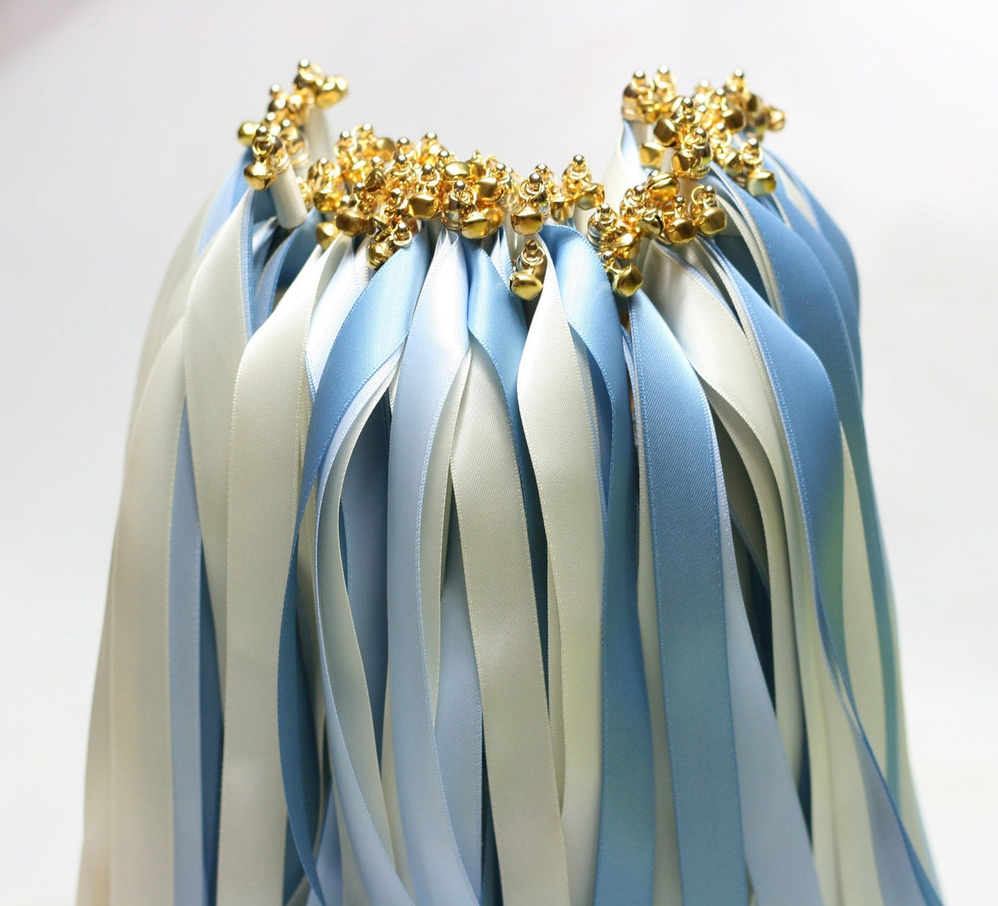 Handmade Dusty Blue and Ivory Wedding Ribbon Wands with Gold Bells