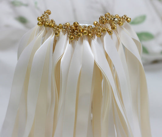 Handmade Ivory Ribbon Wands with Gold Bells for Wedding Send-Off