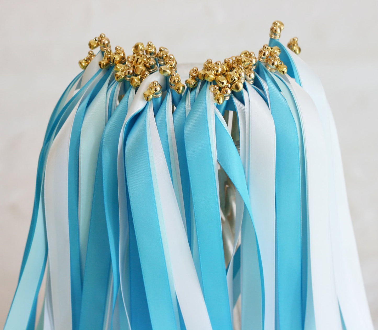 Handmade Aqua Blue and White Wedding Ribbon Wands with Gold Bells