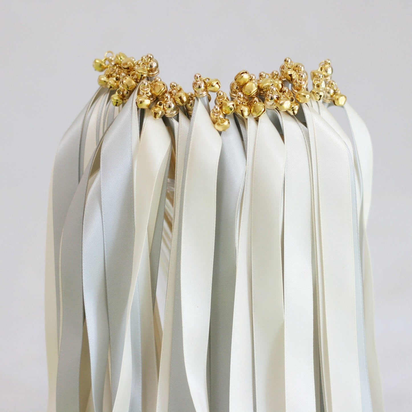 Handmade Ivory & Gray Wedding Ribbon Wands with Gold Bells for Wedding Exit