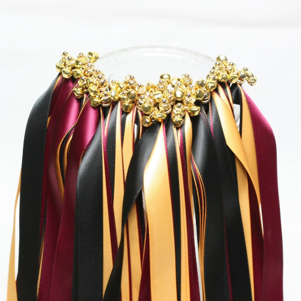 Handmade Burgundy Black and Gold Wedding Ribbon Wands with Gold Bells