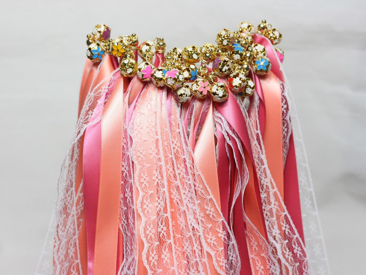 Handmade Romantic Pink Lace Wedding Ribbon Wands with Floral Gold Bells