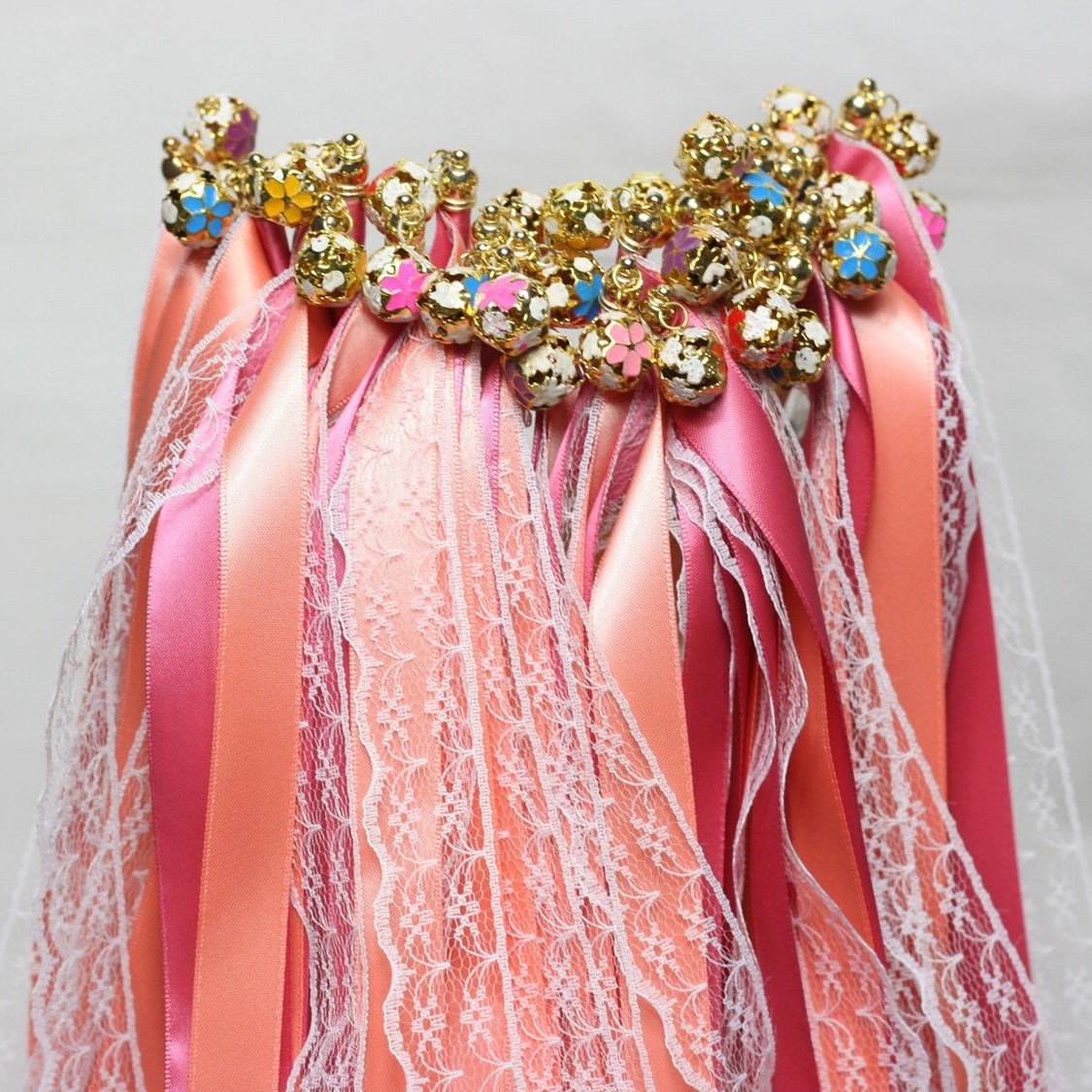 Handmade Romantic Pink Lace Wedding Ribbon Wands with Floral Gold Bells