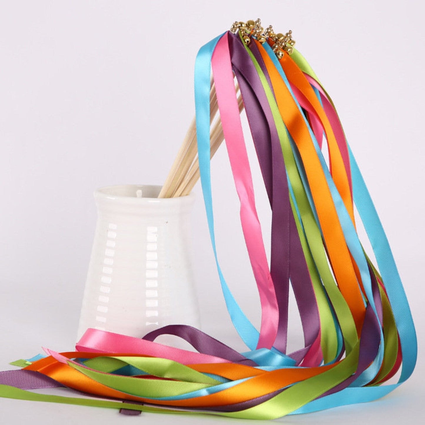 Handmade Colorful Wedding Ribbon Wands with Gold Bells