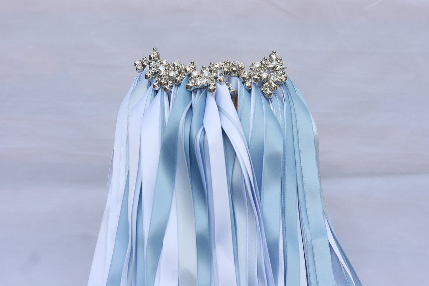 Handmade Elegant Dusty Blue and White Wedding Ribbon Wands with Silver Bells