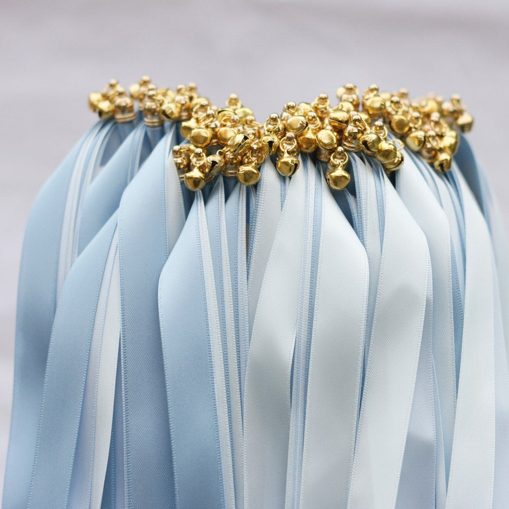 Handmade Elegant Light Blue Wedding Ribbon Wands with Gold Bells