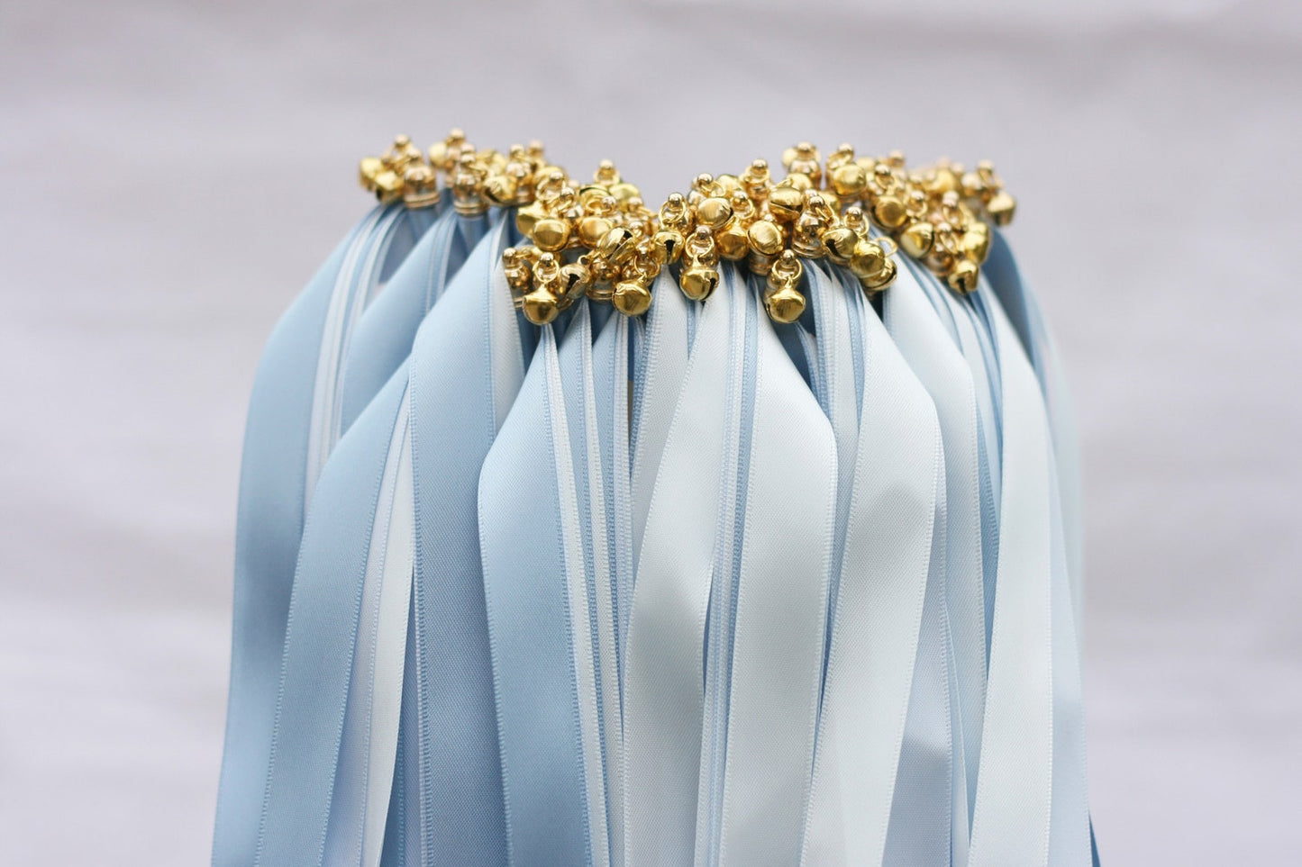 Handmade Elegant Light Blue Wedding Ribbon Wands with Gold Bells