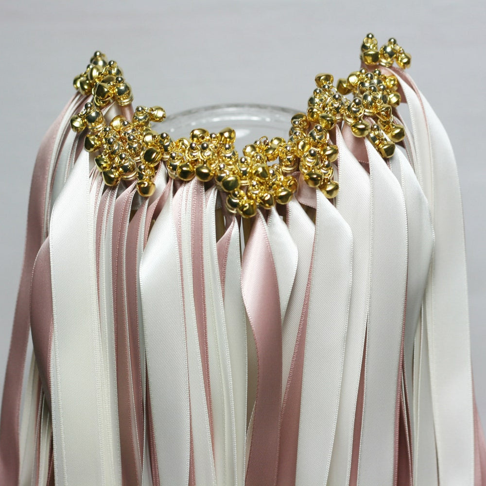 Handmade Luxury Blush Ivory Ribbon Wands with Gold Bells for Wedding