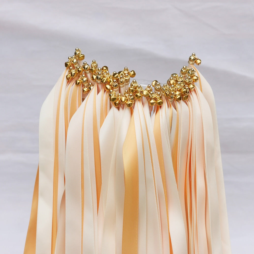 Handmade Ivory Wedding Ribbon Wands with Gold Bells for Wedding Exit