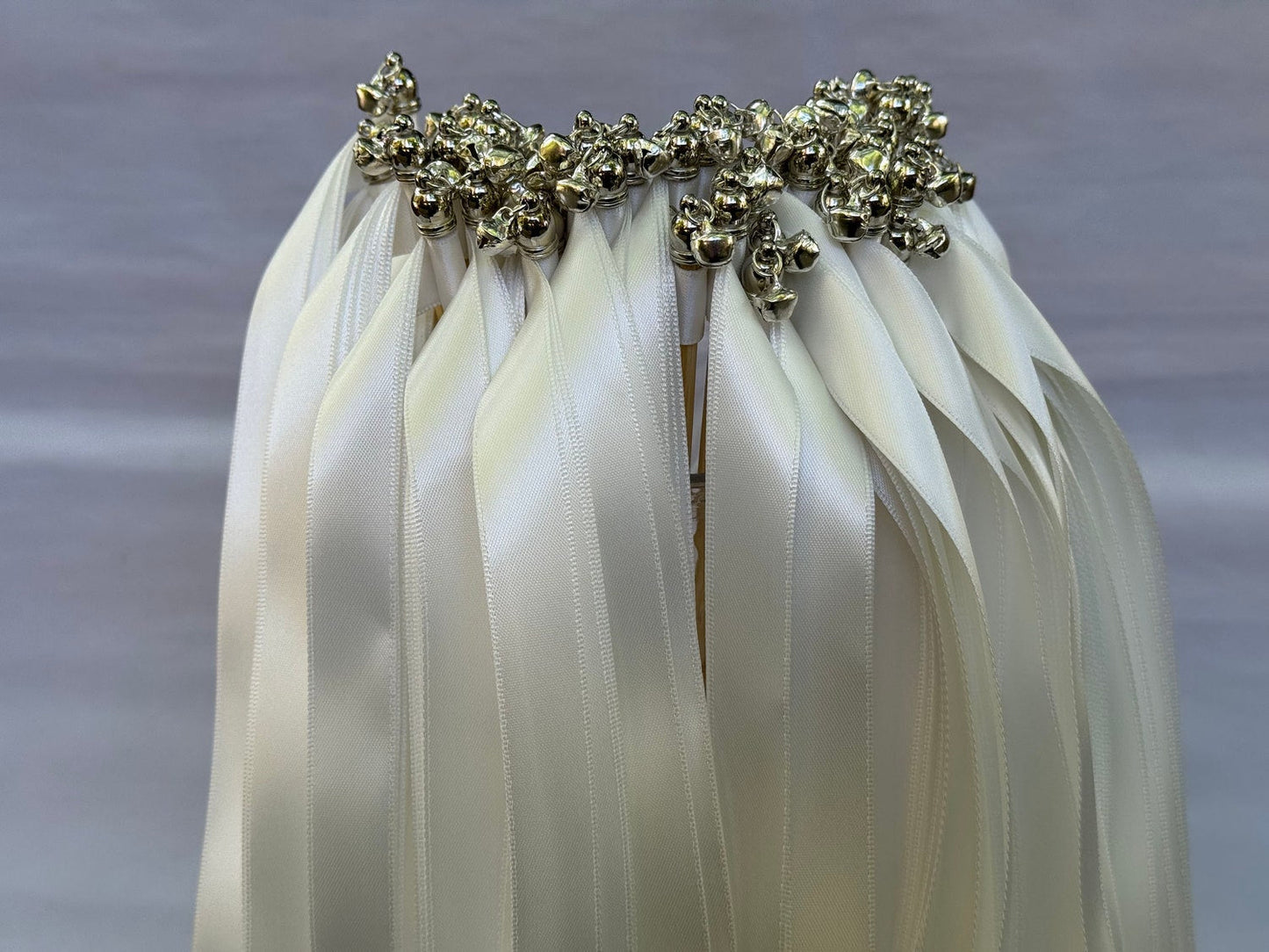 Handmade Ivory Ribbon Wands with Silver Bells for Wedding Send-Off