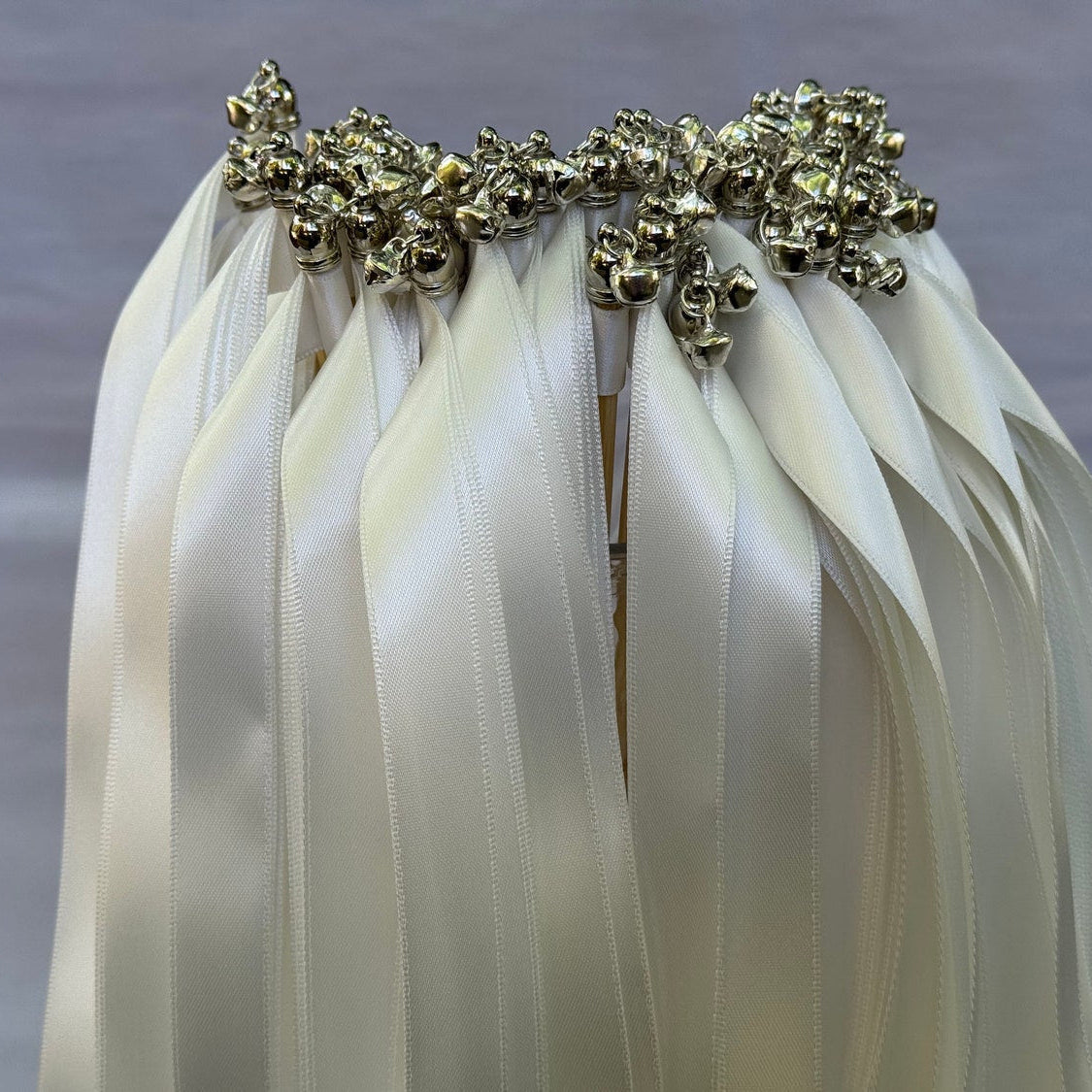 Handmade Ivory Ribbon Wands with Silver Bells for Wedding Send-Off