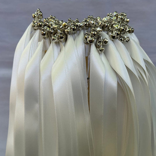 Handmade Ivory Ribbon Wands with Silver Bells for Wedding Send-Off