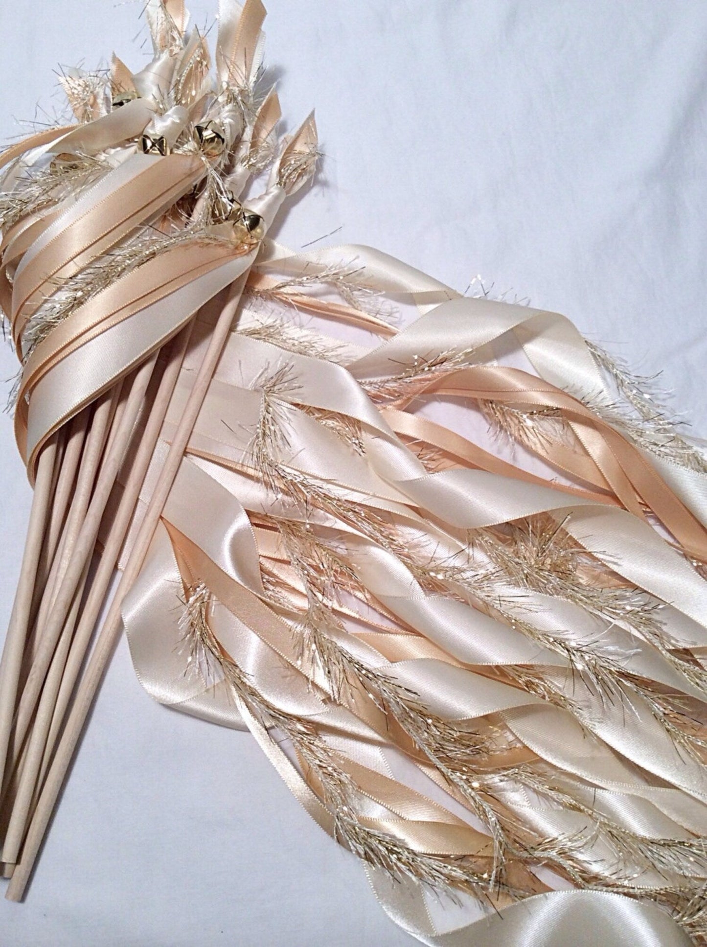 Handmade Boho Champagne Wedding Ribbon Wands with Pampas Grass and Bells