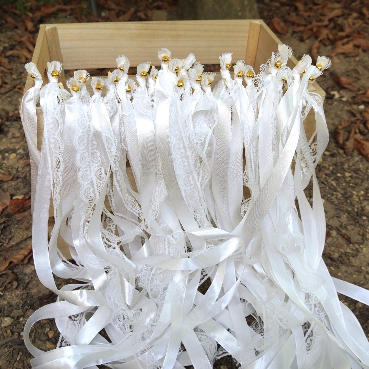 Handmade Romantic White Lace Ribbon Wands with Gold Bells for Outdoor Wedding