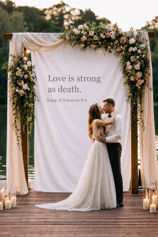 Personalized Wedding Backdrop for Wedding Photography, 'Love is strong as death.' Backdrop
