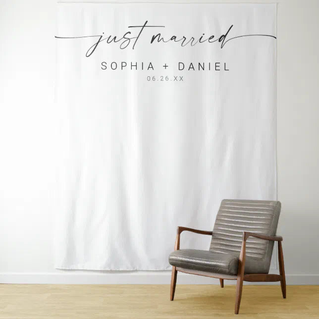 Minimal Just Married Script Wedding Decor Backdrop, Modern Minimalist Backdrop Tapestry Outdoor Wedding