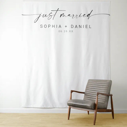Minimal Just Married Script Wedding Decor Backdrop, Modern Minimalist Backdrop Tapestry Outdoor Wedding