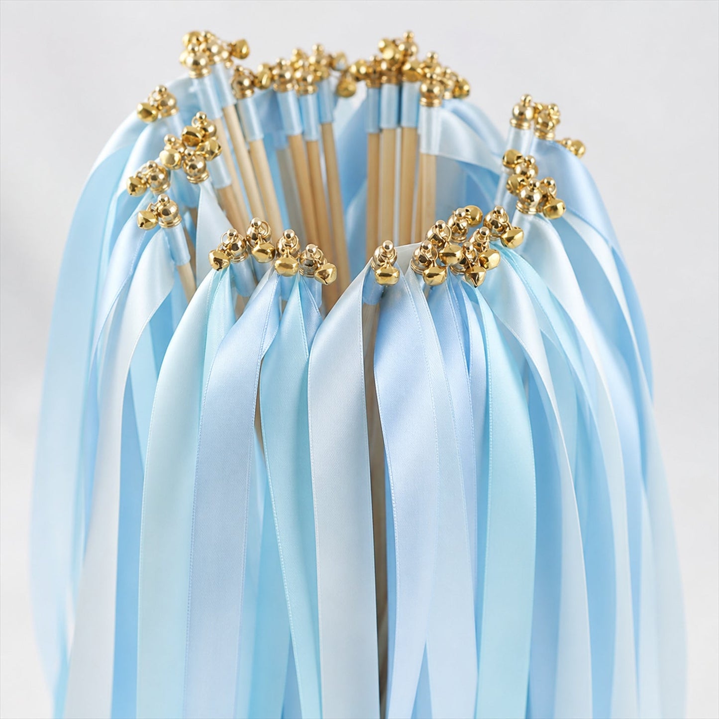 Handmade Light Blue Satin Wedding Ribbon Wands with Bell - Triple Ribbon Send-Off