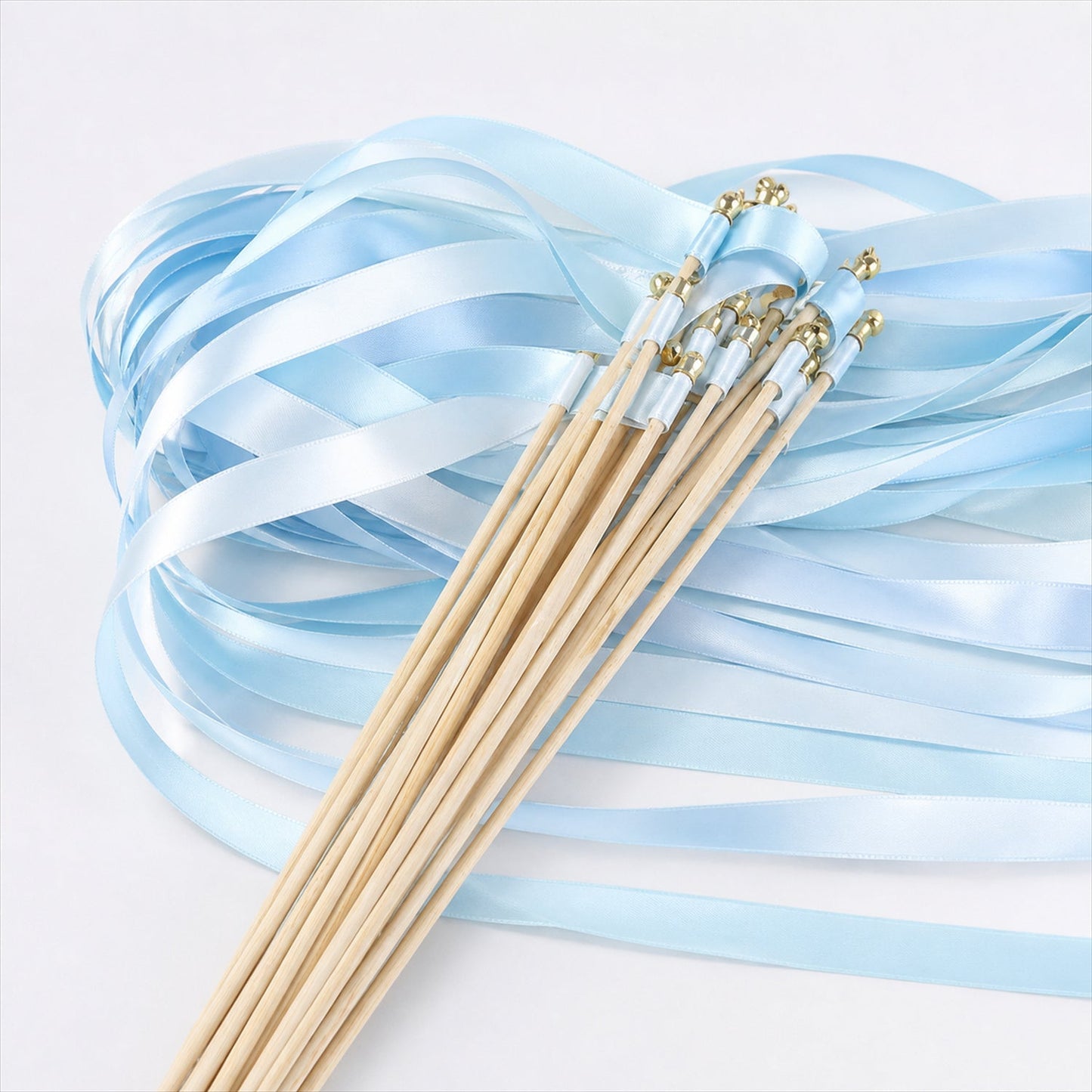 Handmade Light Blue Satin Wedding Ribbon Wands with Bell - Triple Ribbon Send-Off