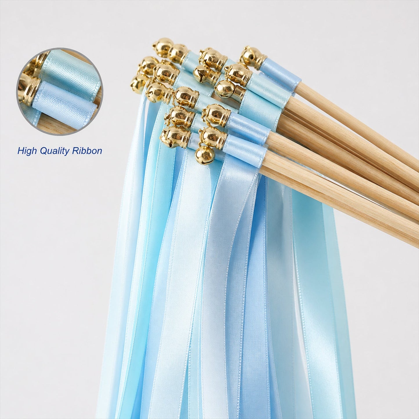 Handmade Light Blue Satin Wedding Ribbon Wands with Bell - Triple Ribbon Send-Off