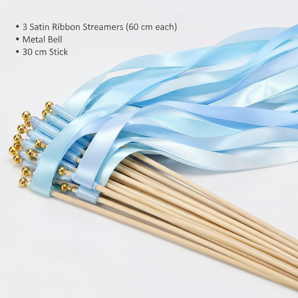 Handmade Light Blue Satin Wedding Ribbon Wands with Bell - Triple Ribbon Send-Off