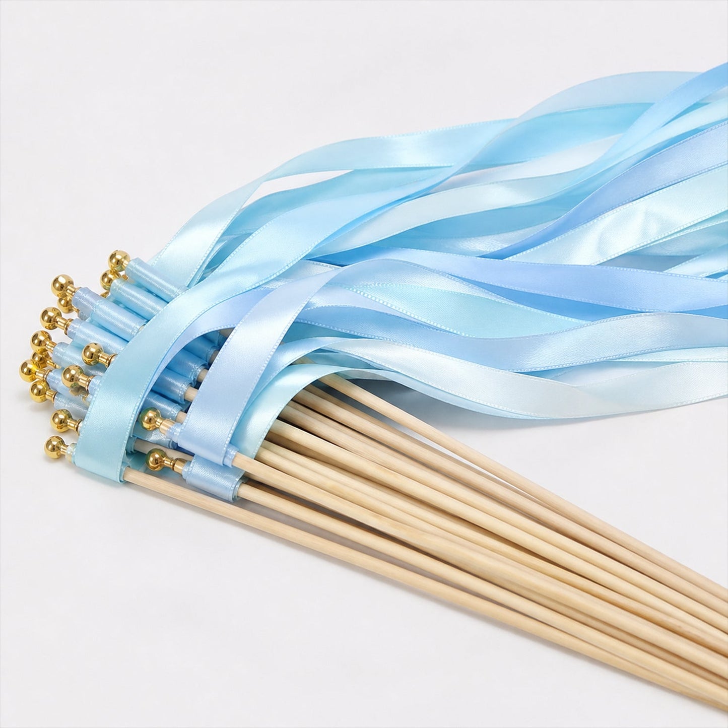Handmade Light Blue Satin Wedding Ribbon Wands with Bell - Triple Ribbon Send-Off
