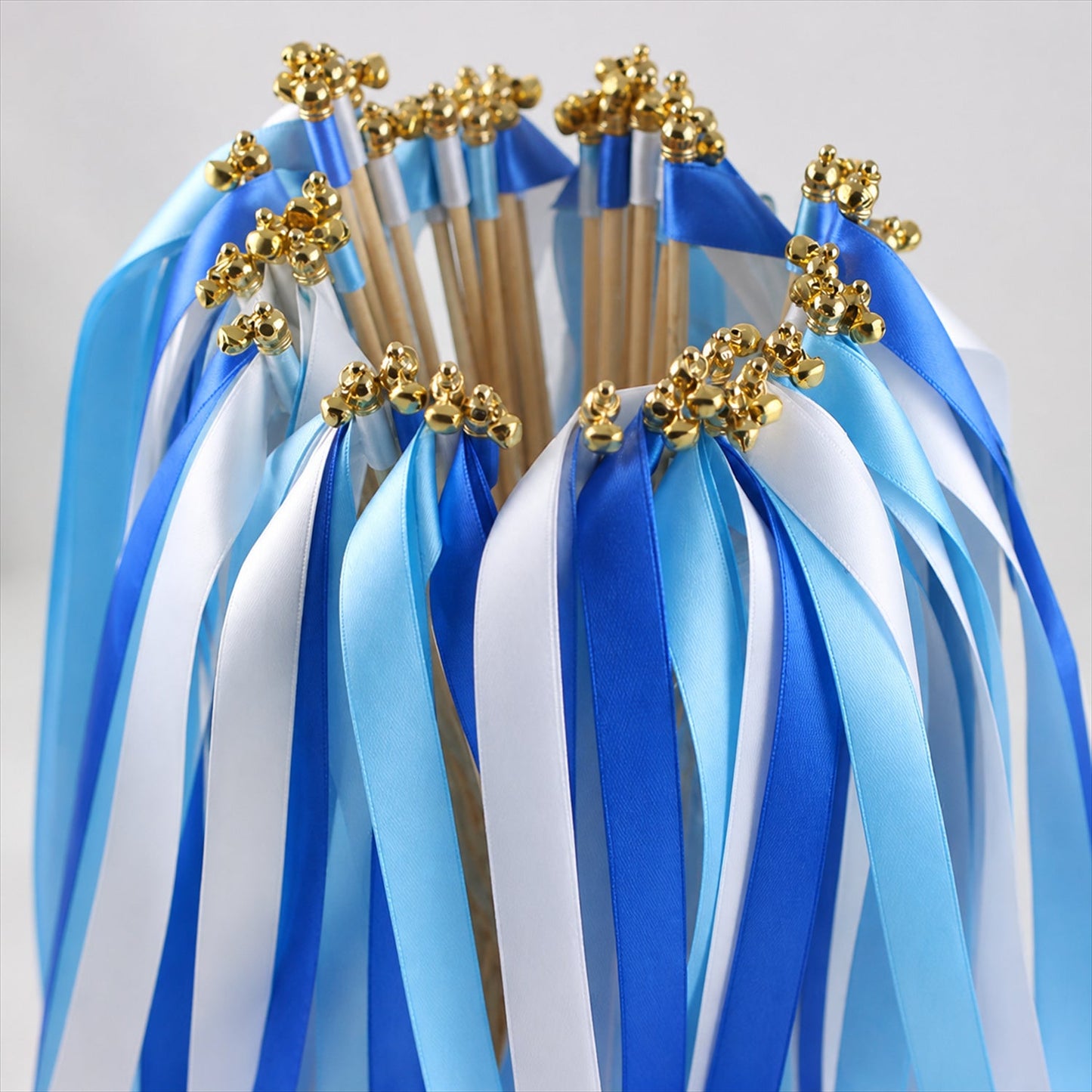 Handmade Sky Blue, Royal Blue & White Satin Wedding Ribbon Wands with Bell