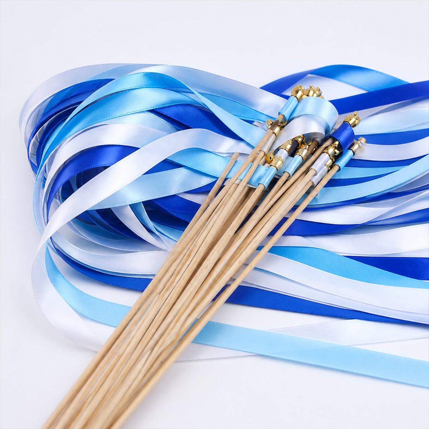 Handmade Sky Blue, Royal Blue & White Satin Wedding Ribbon Wands with Bell