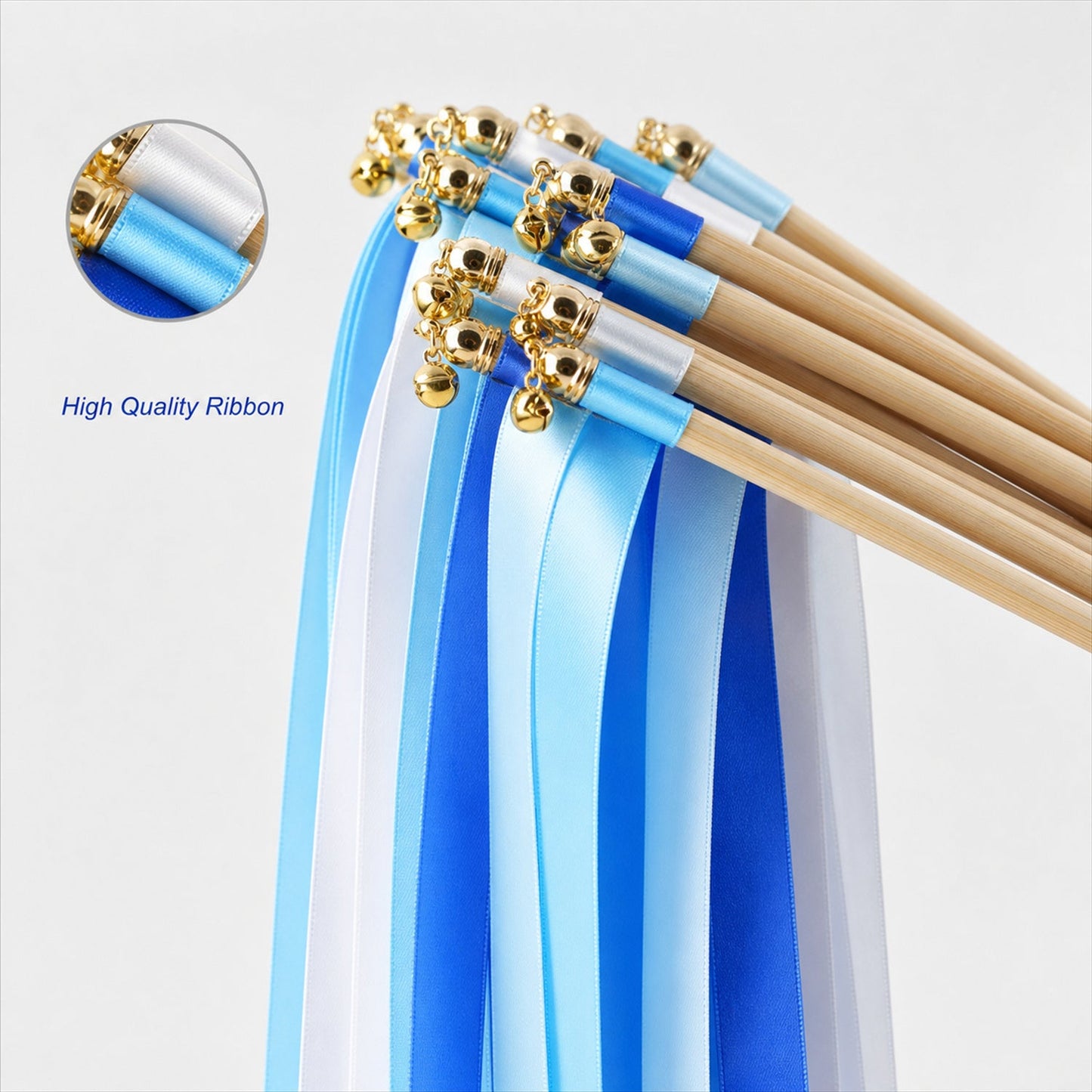 Handmade Sky Blue, Royal Blue & White Satin Wedding Ribbon Wands with Bell
