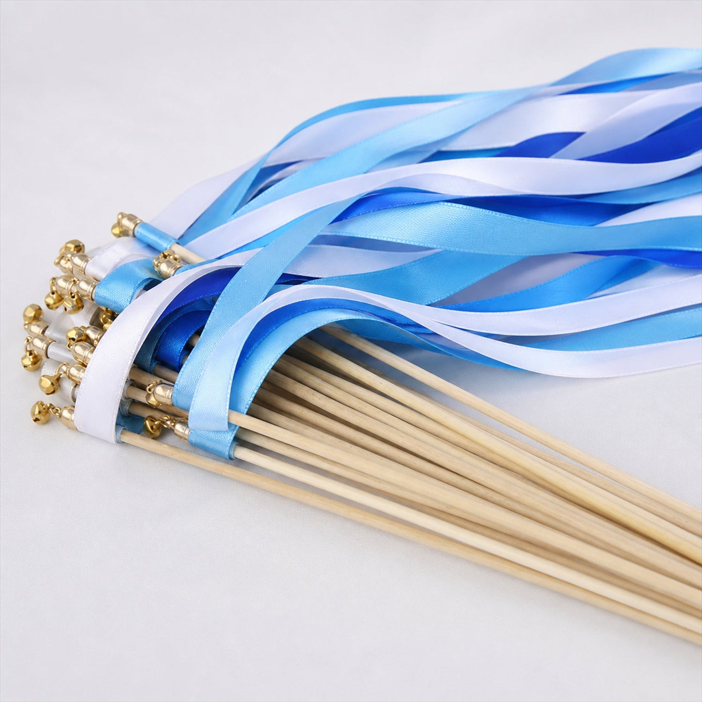 Handmade Sky Blue, Royal Blue & White Satin Wedding Ribbon Wands with Bell