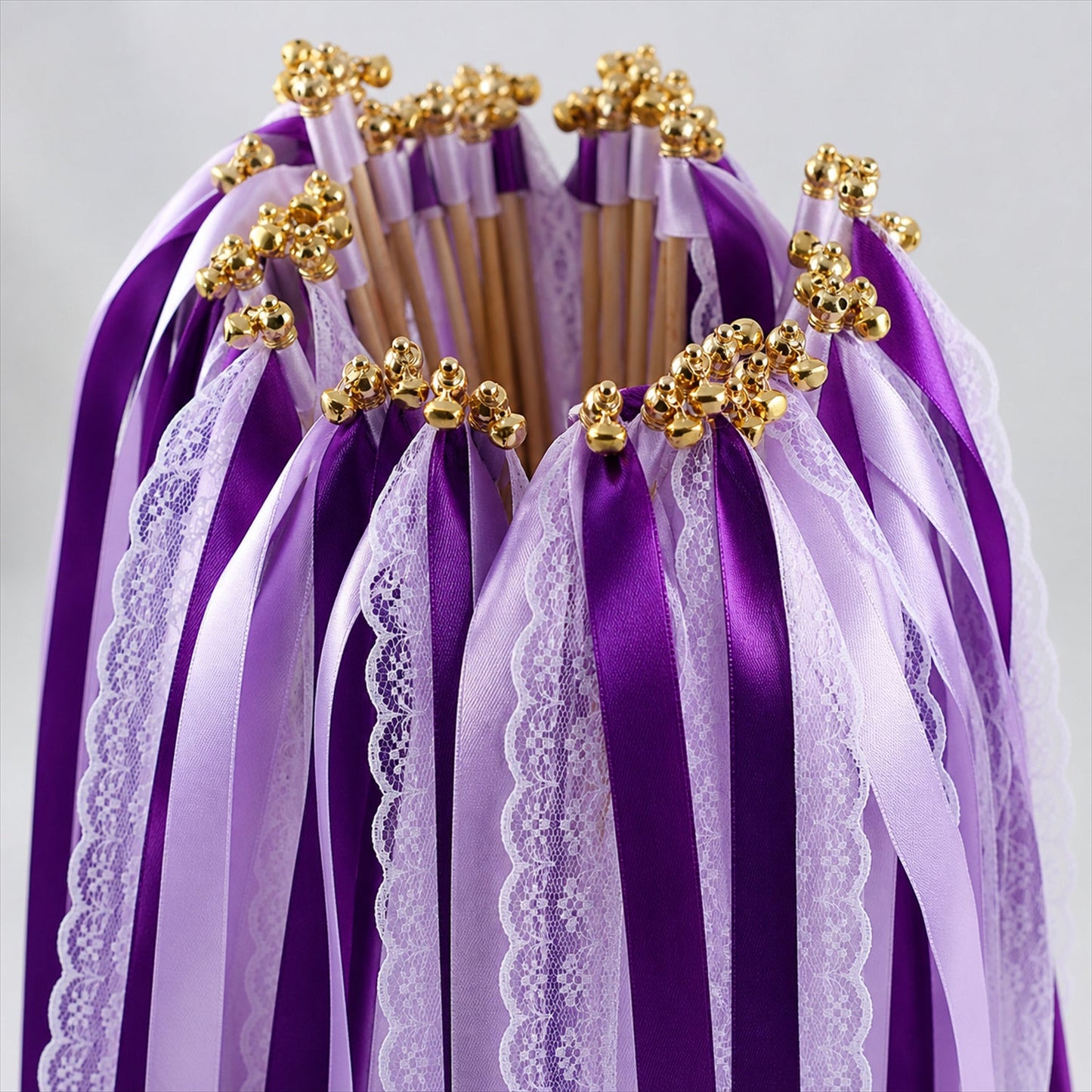 Handmade Plum, Lavender & White Satin & Lace Wedding Ribbon Wands with Bell