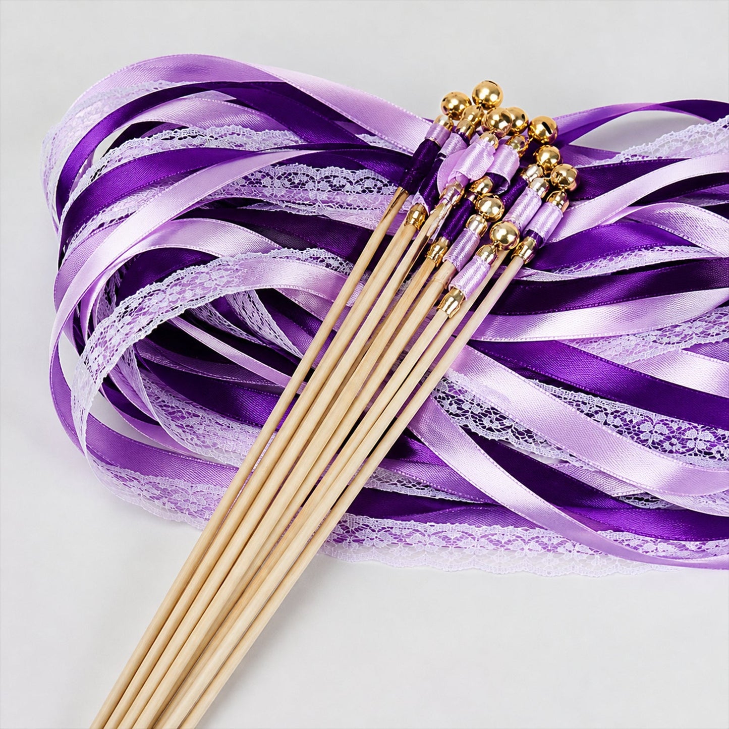 Handmade Plum, Lavender & White Satin & Lace Wedding Ribbon Wands with Bell