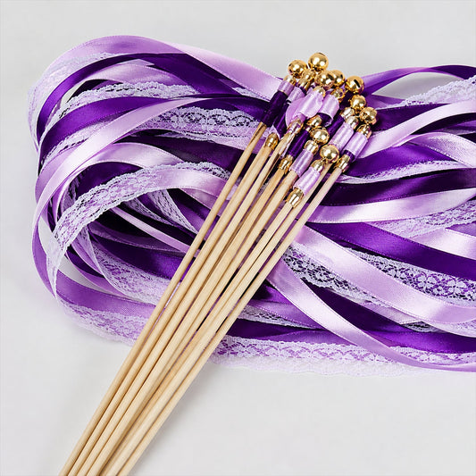 Handmade Plum, Lavender & White Satin & Lace Wedding Ribbon Wands with Bell