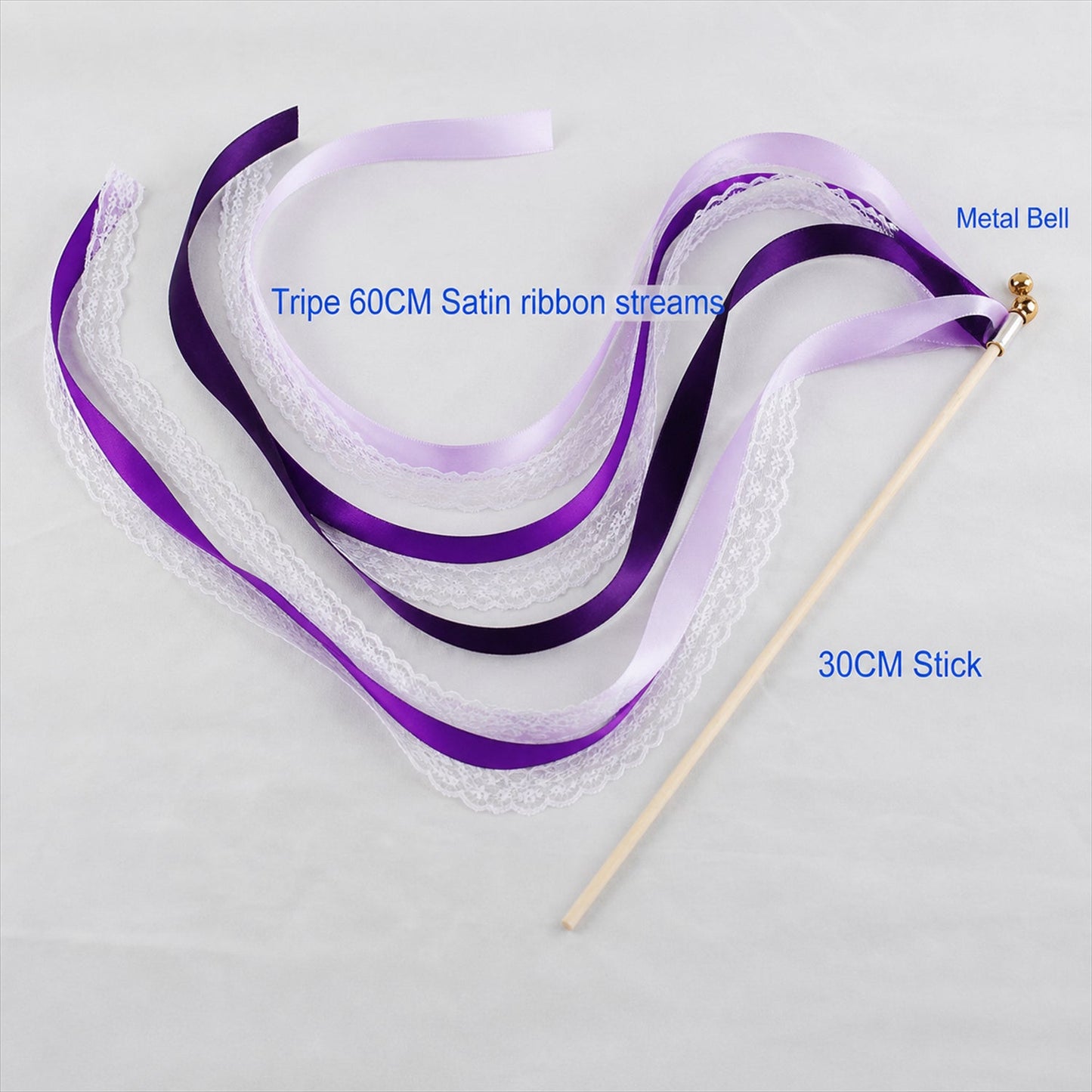 Handmade Plum, Lavender & White Satin & Lace Wedding Ribbon Wands with Bell