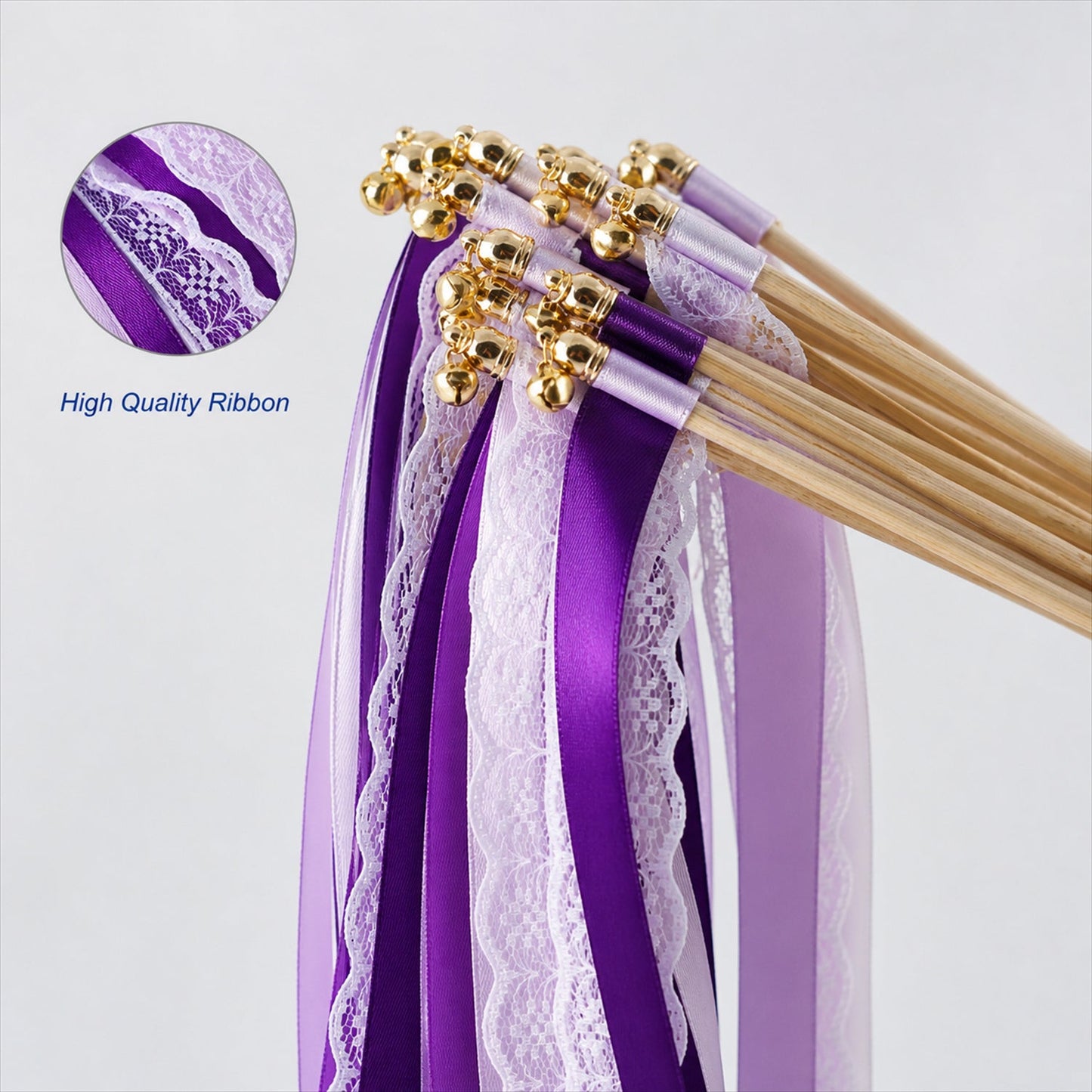 Handmade Plum, Lavender & White Satin & Lace Wedding Ribbon Wands with Bell