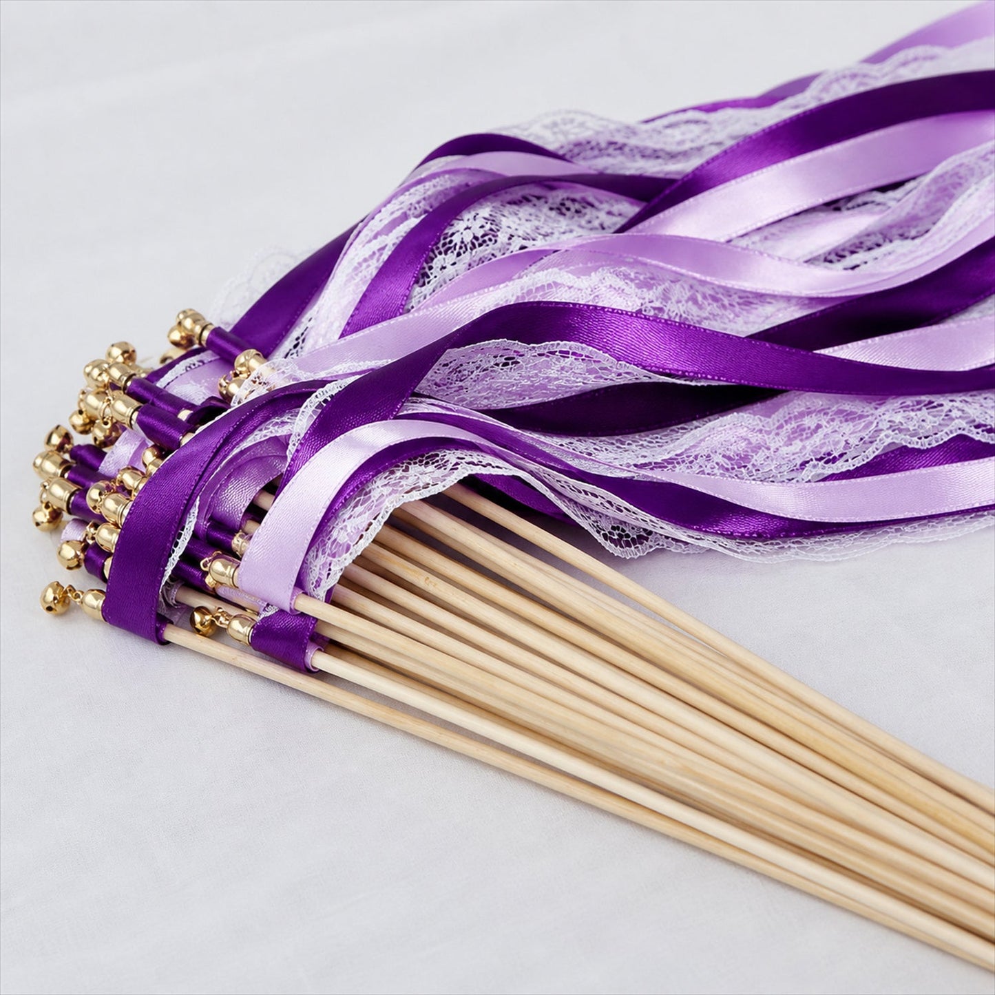 Handmade Plum, Lavender & White Satin & Lace Wedding Ribbon Wands with Bell