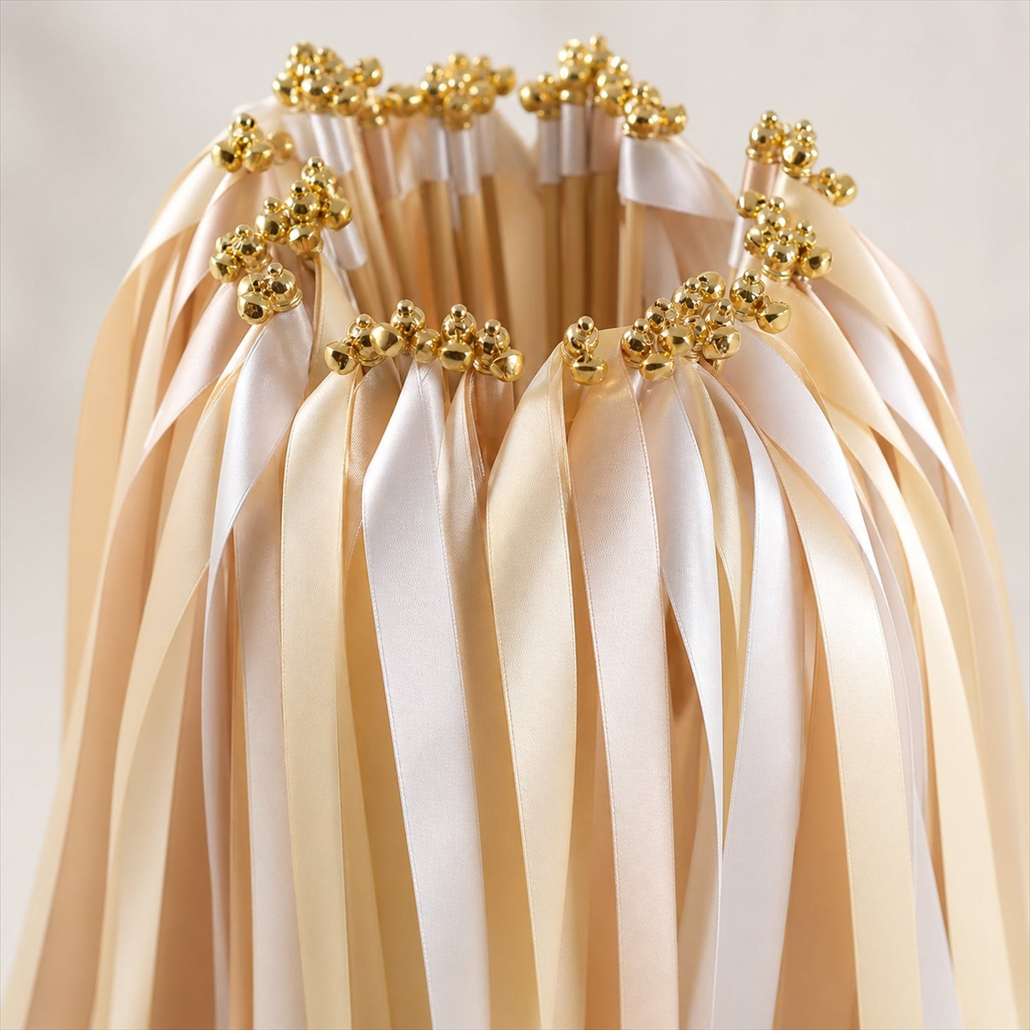 Handmade Champagne, Ivory & Beige Satin Wedding Ribbon Wands with Bell