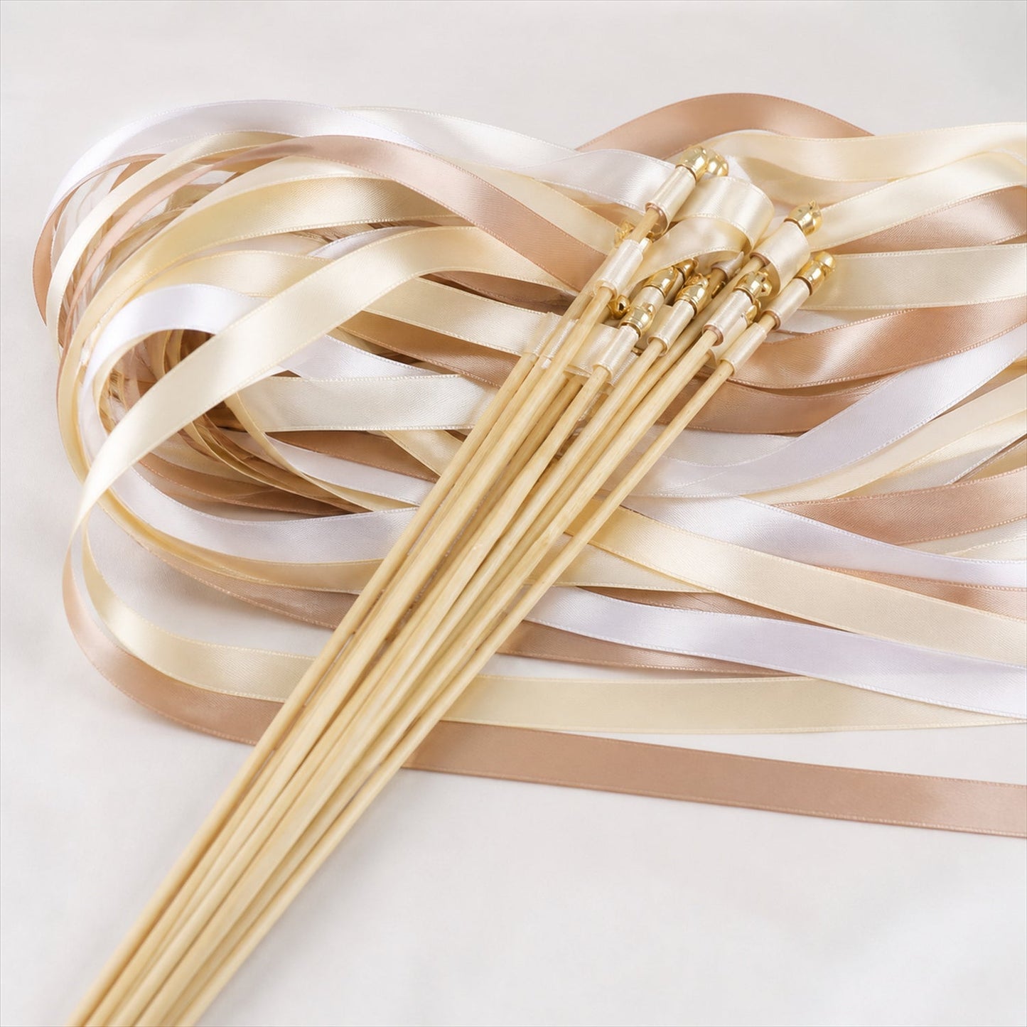 Handmade Champagne, Ivory & Beige Satin Wedding Ribbon Wands with Bell