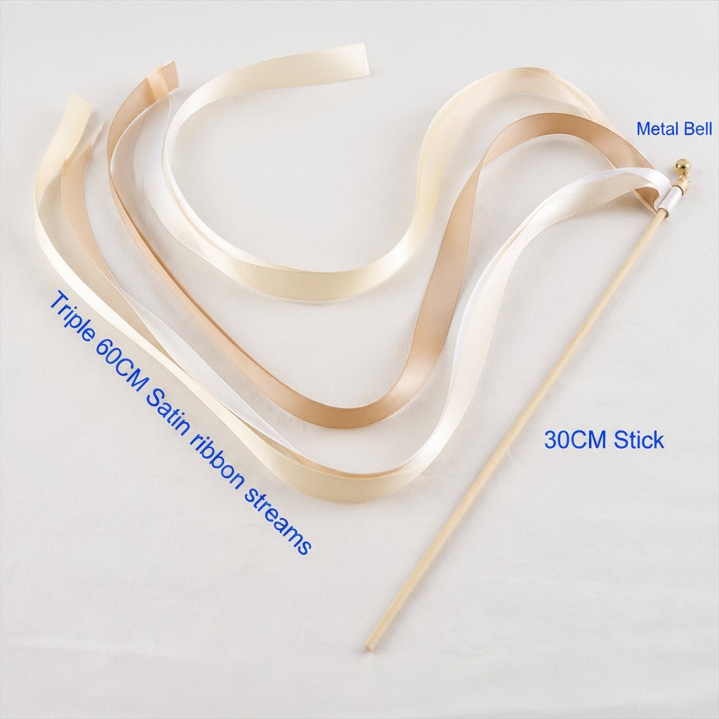 Handmade Champagne, Ivory & Beige Satin Wedding Ribbon Wands with Bell